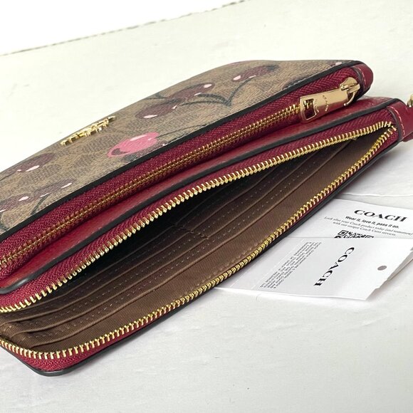 Coach Double Zip Phone Wallet Cherry Print Signature Canvas Wristlet CZ763 - Picture 6 of 7